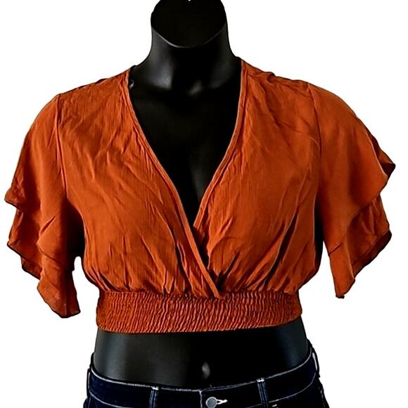Windsor Women's Rust Orange Crop Top Size Large Bell Sleeves V Neck - Picture 2 of 5